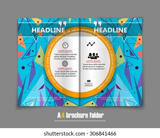 Abstract composition, blue brochure sheet, geometric pattern with business icons, magazine background, EPS 10 vector illustration