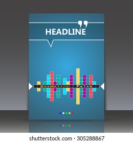 Abstract composition, blue brochure title sheet, motley squares, pulse icon, EPS 10 vector illustration