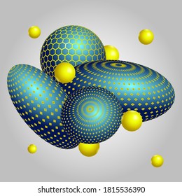 Abstract composition with blue and golden 3D objects. Levitation spheres in the space. Vector EPS10