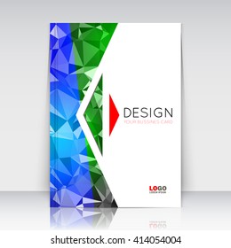 Abstract composition. Blue, green polygonal texture. Triangle part trademark construction. Line plexus section. White brochure title sheet. Creative arrow figure icon surface. Banner form. Flyer font.