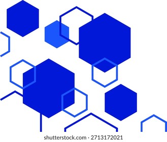 Composición Abstractas de Formas hexagonales azules dispersas sobre un fondo blanco.