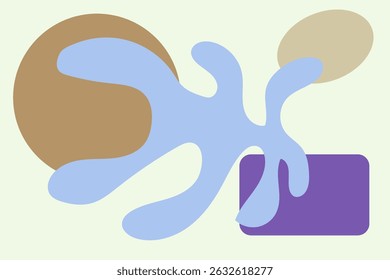 Composição abstrata com um círculo marrom azul de forma orgânica do que oval e retângulo roxo em um fundo pálido