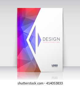 Abstract composition. Blue, pink polygonal texture. Triangle part trademark construction. Lines plexus section. White brochure title sheet. Creative arrow figure icon surface. Banner form. Flyer font.