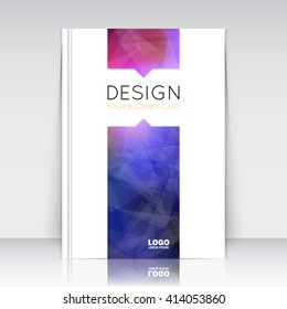 Abstract composition. Blue, purple polygonal texture. Triangle part trademark construction. Lines plexus section. White brochure title sheet. Creative figure icon surface. Banner form. Flyer font.