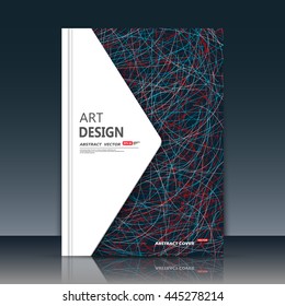 Abstract composition. Blue, red curve lines font texture. White triangle section trademark. Black a4 brochure title sheet. Creative figure logo icon. Commercial offer banner form. Ad flyer fiber