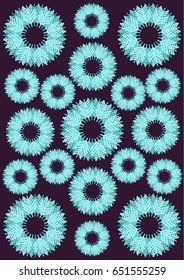 Abstract composition of blue snowflakes on a black background.
