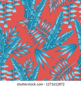 Abstract composition blue tropical palm leaves seamless living coral background. Trendy exotic pattern