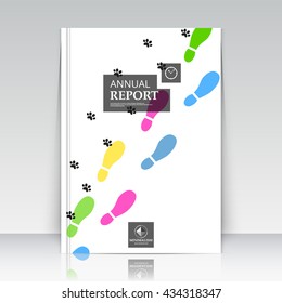 Abstract composition. Blue, yellow, pink, green footstep font texture. Multicolor footprint section trademark construction. A4 brochure title sheet. Creative step trail figure logo icon. Human sole ad