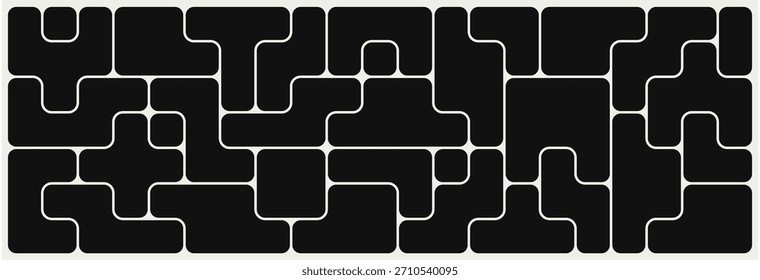 Abstrakte Zusammensetzung von fett gerundeten geometrischen Formen in rechteckiger Form. Verschiedene Formen in einem nahtlosen bento-Gittermuster. Design kann für Hintergründe, Verpackungen oder Grafikdesign-Projekte verwendet werden
