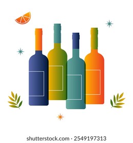 Composición Abstractas con botellas de vino, ramas, rodajas de naranja. Ilustración vectorial.
