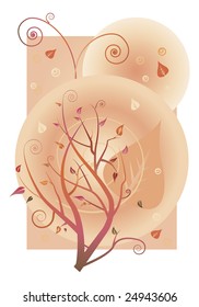 Abstract composition with branches and leaves. Dominant color is orange.