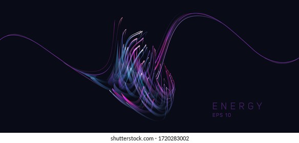 Abstract composition of bright lines forming smoke or fire shape, lights path futuristic digital dark background, energy element