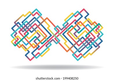 The abstract composition with bright lines gradually changing color. Square forms, tube, rectangular. The idea of connection and diversity.  