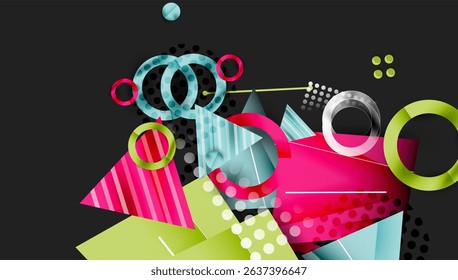 Abstract composition. Bright shapes overlap, creating dynamic visual texture. Pink, green, blue dominate dark background. Modern design.