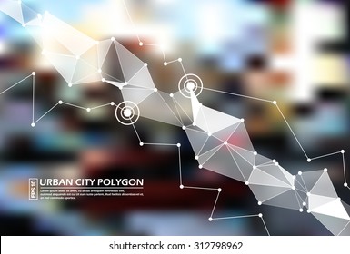 Abstract composition, business card background, motley mosaic inlay, patchwork elements, round target, dots, lines, triangles, polygonal connecting, logo base, city theme, EPS 10 vector illustration