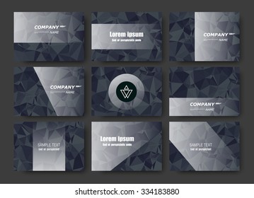 Abstract composition, business card set, correspondence letter collection, brochure title sheet, certificate, diploma, patent, charter, figure framework surface, polygonal black backdrop, EPS10 vector