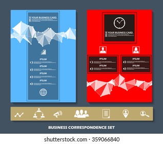 Abstract composition, business card set, correspondence collection, a4 brochure title sheet, blue, red polygonal construction, creative text frame surface, figure logo, management icon backdrop, EPS10