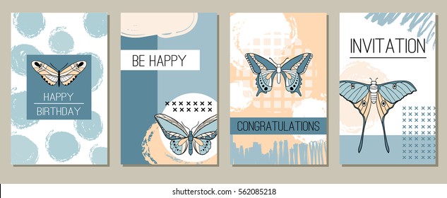 Abstract composition with butterfly. Wedding, birthday party invitation, greeting cards. Set of artistic creative universal cards. Hand Drawn textures. Vector