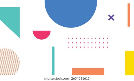 Abstract composition with circles, lines, and colorful blocks on white. A fun digital art layout perfect for trendy projects.
