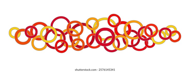 Abstract composition of circles. Many random red, orange, yellow rings on white background. Long geometric design. Abstract vector illustration in autumn bright colors.