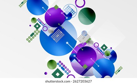 Abstract composition. Circles, squares, lines create dynamic visual experience. Blue, purple, green dominate palette. Modern design.