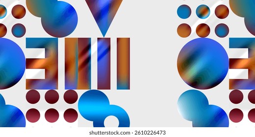 Abstract composition. Circles, triangles, rectangles overlap. Blue, brown, red hues dominate. Modern design, geometric shapes create visual interest.
