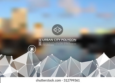 Abstract composition, city quay background, river theme, urban polygonal image, logo construction, company sign icon, trade symbol, dots, lines, triangle 3d puzzle, EPS 10 vector illustration