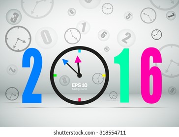 Abstract composition, clock icon, new year midnight, happy new year decoration, 2016, greeting card, startup screen saver, headpiece backdrop, wallpaper, watches image, EPS 10 vector illustration