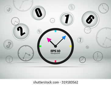 Abstract composition, clock icon, new year midnight, happy new year decoration, 2016, greeting card, startup screen saver, headpiece backdrop, wallpaper, watches image, EPS 10 vector illustration