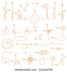 Abstract composition, collection of many funny arrow icons, sketchy direction symbols set, sideways guide objects, orientation shape, web design elements, navigation cursor, EPS 10 vector illustration