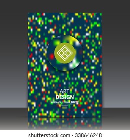 Abstract composition, colored dots backdrop, mosaic inlay icon, logo construction, firm symbol, a4 brochure title sheet, motley ornament surface, trademark, fashionable fiber texture, EPS10 vector 
