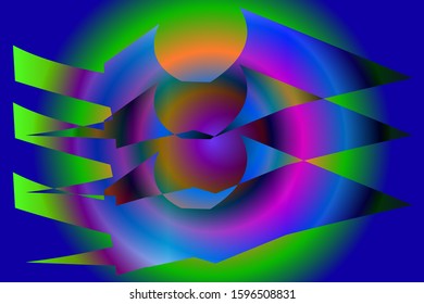 Abstract composition of colored, gradient, shining spots on a dark, gradient, radial background. Vector image.