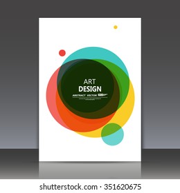 Abstract composition, colored round figure icon, red, blue, yellow circle frame construction, white backdrop, a4 brochure title sheet, technological font surface, firm sign, logo, EPS10 illustration