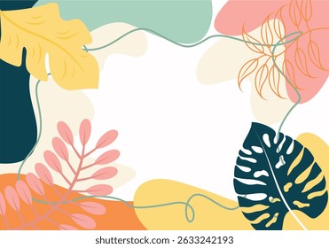 Abstract composition with colorful botanical elements and organic shapes