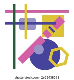 Abstrakte Komposition von bunten Figuren verschiedener Formen. Heller Hintergrund für Visitenkarten, Websites, konzeptionelle Projekte und mehr. Konzeptioneller Hintergrund in blauen, gelben, grünen und rosafarbenen Tönen.