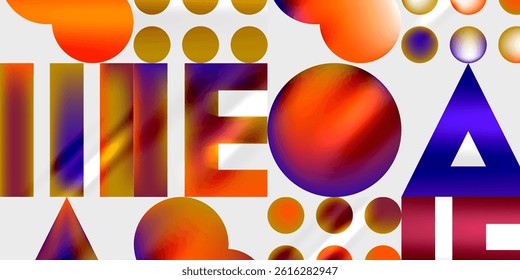 Abstract composition. Colorful shapes overlap, creating dynamic visual texture. Letters form part of design elements.