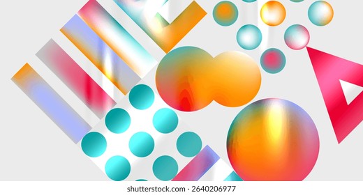 Abstract composition. Colorful shapes overlap, creating vibrant gradients. Spheres, rectangles, triangles dominate design. Modern aesthetic.