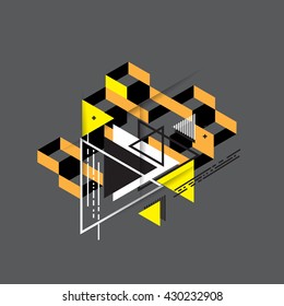 Abstract composition of complex geometric shapes. Style of modern art and graffiti. The design element is isolated on a black background.