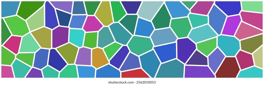 an abstract composition composed of numerous irregular polygons of various sizes, arranged in a mosaic-like pattern. The overall effect is visually striking and reminiscent of stained glass