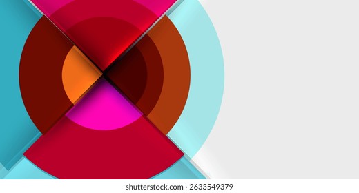 Abstract composition. Concentric circles, vibrant colors, dynamic shapes create modern design. Black background emphasizes bright elements.