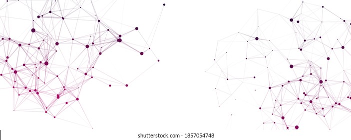 Abstract composition with connecting dots and lines on the white backround. Futuristic geometric composition. Background for design works. Colorful wallpaper. Horizontal banner.