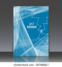 Abstract composition, connecting dots and lines, blue brochure title sheet, indigo background, light rays, star movement, EPS 10 vector illustration