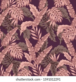 Abstract composition consist creative pink color tropical palm banana monstera fern leaves. Exotic seamless vector beach illustration on wine dregs color background. Repeating pattern print wallpaper.