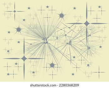 Abstract composition consisting of rays and simplified stars. Soft gray gamut of shapes on a warm pale beige background.