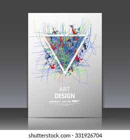 Abstract composition, curve lines structure, spotted blot, smeary blur, sloppy surface backdrop, soiled brochure title sheet, splotchy colored triangle icon, fashionable fiber texture, EPS10 vector