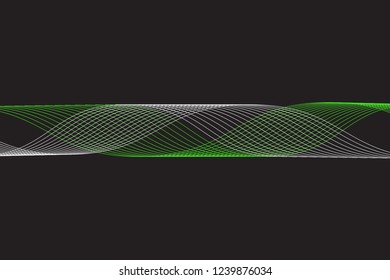 Abstract composition of curved, twisted, colored, gradient lines on a dark background. Vector image.