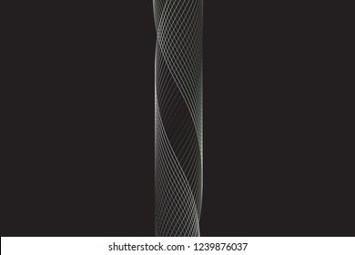 Abstract composition of curved, twisted, colored, gradient lines on a dark background. Vector image.