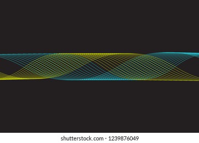 Abstract composition of curved, twisted, colored, gradient lines on a dark background. Vector image.