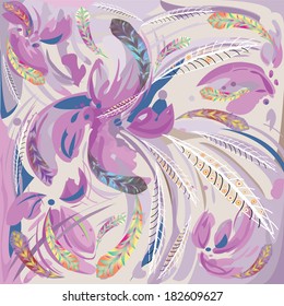 Abstract composition with decorative lilac flowers and colorful feathers on light purple background