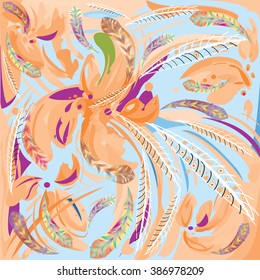Abstract composition with decorative orange flowers and colorful feathers on light blue background